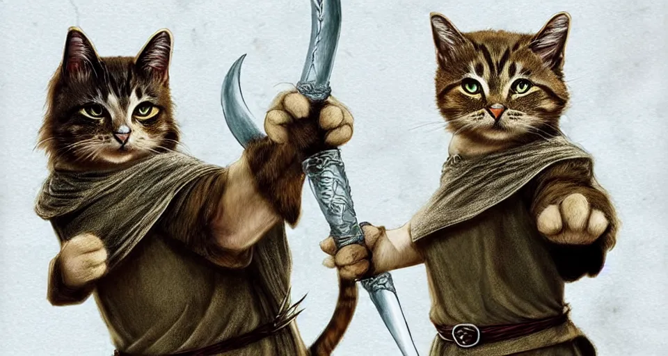 Image similar to if cats were lord of the rings characters, lotr, cats, cats dressed in lotr costumes, the fellowship of the ring as cats, hobbits, gandalf, elves, dwarves, multiple cats, 4 k, hyper realistic, artstation