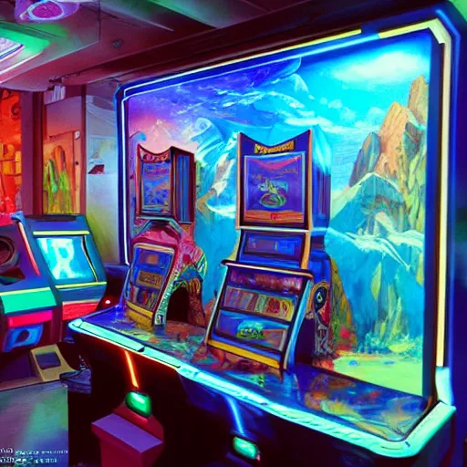 Image similar to a beautiful painting of a holographic video game arcade. art by tyler edlin and raffeaello ossola. look at that detail. trending on behance, artstation, 3 5 mm, 4 k, 8 k