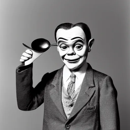 Prompt: slappy the dummy digging with a spoon in his hand, 8k photo