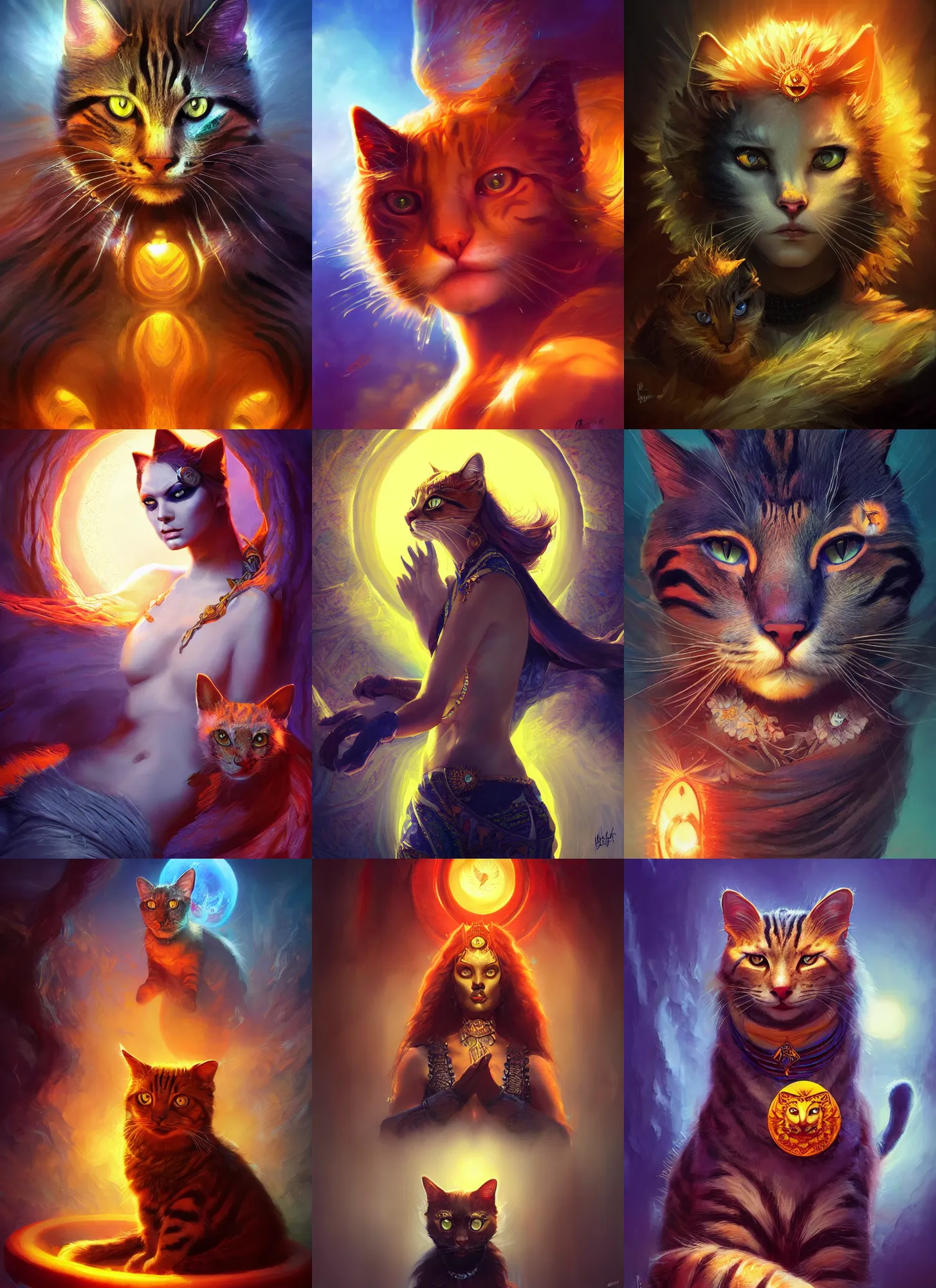 Prompt: Feline sun goddess, vivid colors, dark shadows, contrast, concept art, sharp focus, digital art, Hyper-realistic, 4K, Unreal Engine, Highly Detailed, Dramatic Lighting, Beautiful, by Brom, bastien lecouffe-deharme