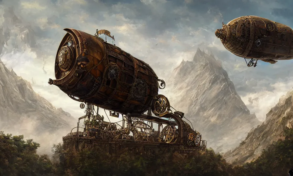 Image similar to steampunk airship over mountains, digital art, concept art, fantasy art, highly detailed, hd wallpaper, artstation, deviantart, behance