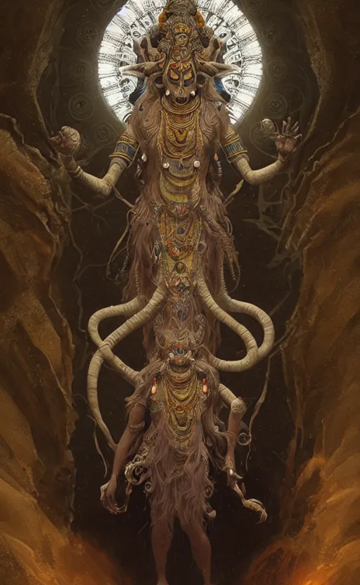 Image similar to an ancient hindu creature made of dust and earth, a mythological being that came from within the earth, a hindu god with many arms, gigantic, incomprehensible and frightening, trending on artstation, volumetric lighting, atmospheric portrait, highly detailed, art by greg rutkowski and alphonse mucha