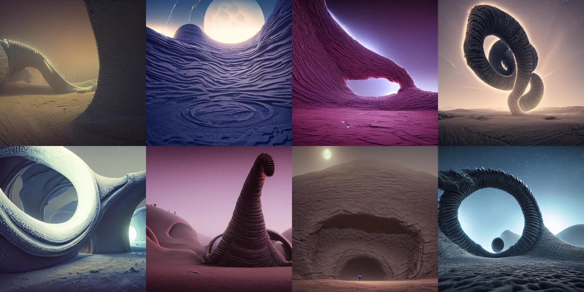 Prompt: beautiful dark landscape, highly detailed old door to another universe, giant sandworm, in the style of beeple and Mike Winkelmann, photo real, ultra realistic, intricate, epic lighting, 8k resolution, unreal engine 5,