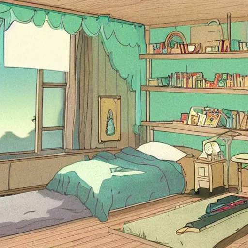 Prompt: a bedroom in the style of studio ghibli
