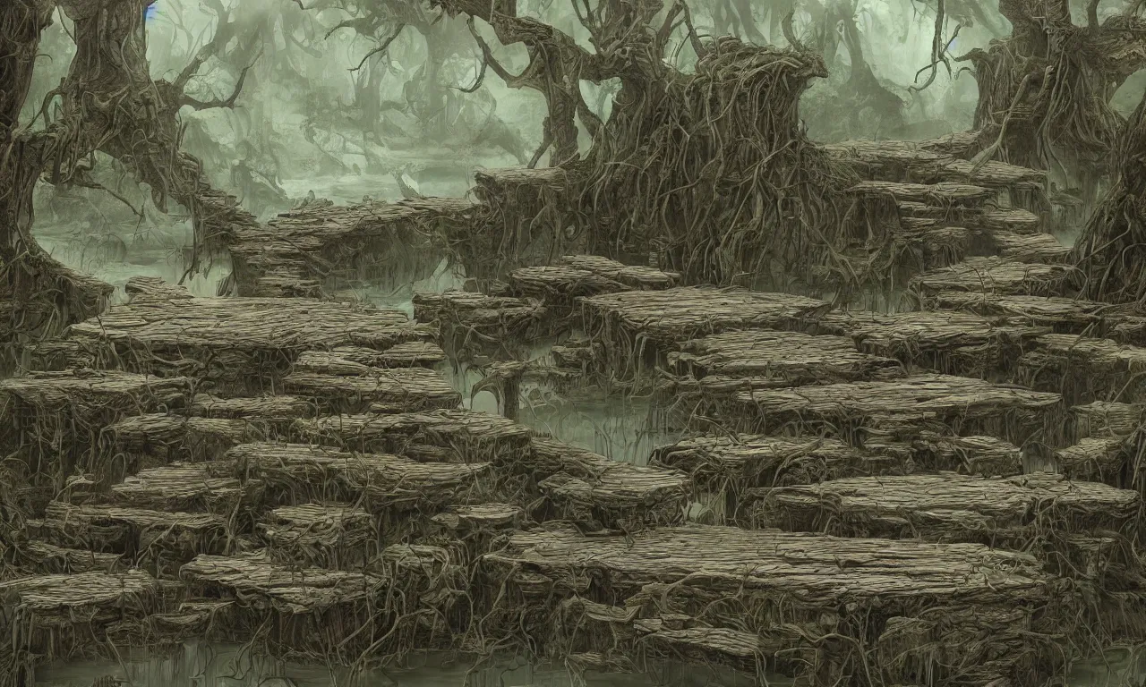 Prompt: rotten palisade, swamp, digital art, illustration, fantasy