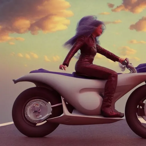 Image similar to a woman riding a motorcycle, clouds, sky by jean giraud and milo manara, 3 d render, octane render