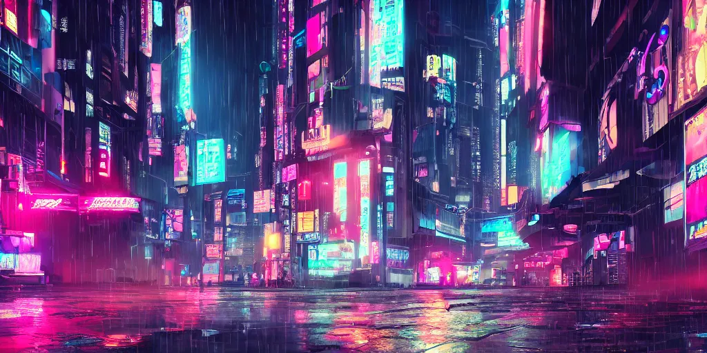 Prompt: a cyberpunk city raining at night, cat sitting under a neon japanese sign, artstation, hd 4k