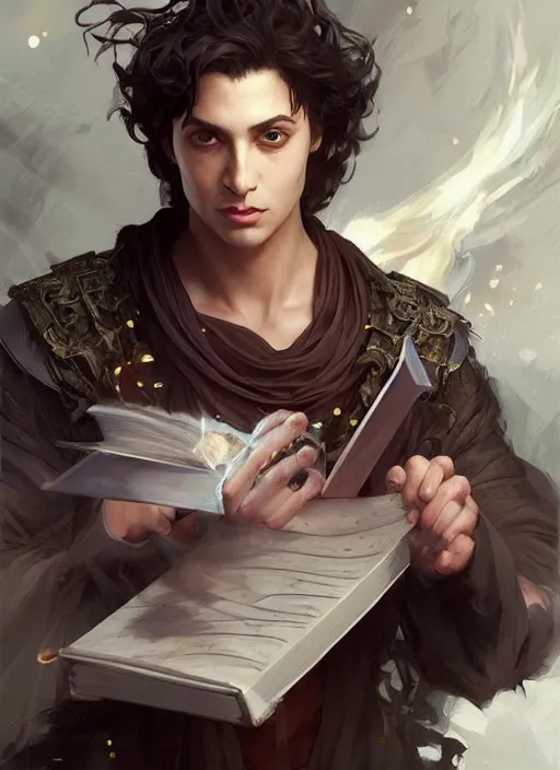 Prompt: character concept portrait of an attractive young Spanish wizard with tan skin conjuring a destruction spell, a floating iridescent spell book in the center, intricate, elegant, digital painting, concept art, smooth, sharp focus, illustration, from Metal Gear, by Ruan Jia and Mandy Jurgens and William-Adolphe Bouguereau, Artgerm