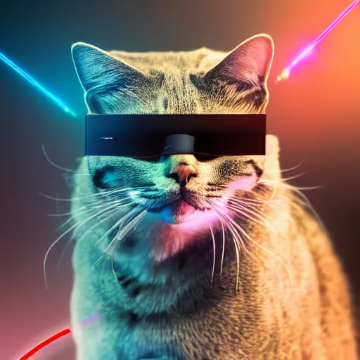 Prompt: cyborg cat with laser shades, smoke, chrome, studio photo, digital art, 4k, cinematic, masterpiece, award winning