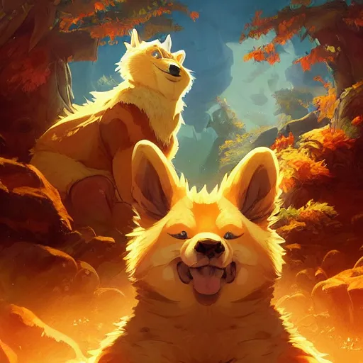 Prompt: mythical finnish lapphund brown and tan domino creature fanart ornate fantasy ori and the blind forest cover style official behance hd artstation by Jesper Ejsing, by RHADS, Makoto Shinkai and Lois van baarle, ilya kuvshinov, rossdraws pastel vibrant