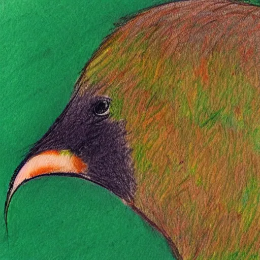 Image similar to sketch on paper of a kiwi bird drawn by an eight year old kid with crayons