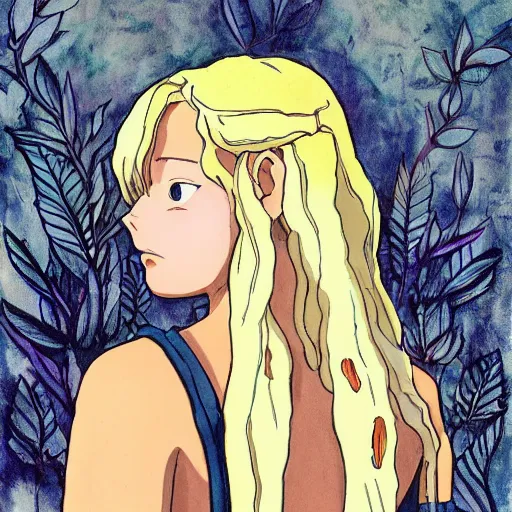 Prompt: beautiful young blonde woman from behind taming fire with her hands, high detail, realistic, symmetrical face art by studio Ghibli art