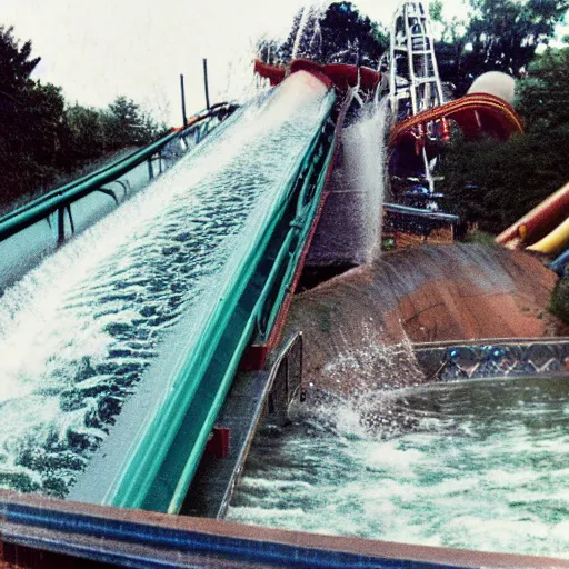 Prompt: 1 9 9 0 s polaroid photograph of a log flume going down a slide making a big splash, during the day, crowd of people getting splashed with water, weathered image artifacts