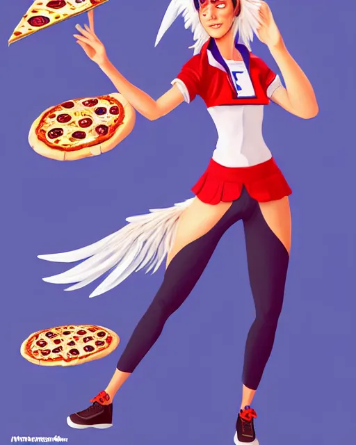 Image similar to female harpy as a pizza delivery woman, bird human hybrid with feathery bird arms and talon bird feet, holding a cardboard pizza box, wearing a pizza delivery uniform. feathers for hair, cute, dynamic character design, stunning, highly detailed digital painting, artstation, stylized urban fantasy artwork, by artgerm and paul robertson