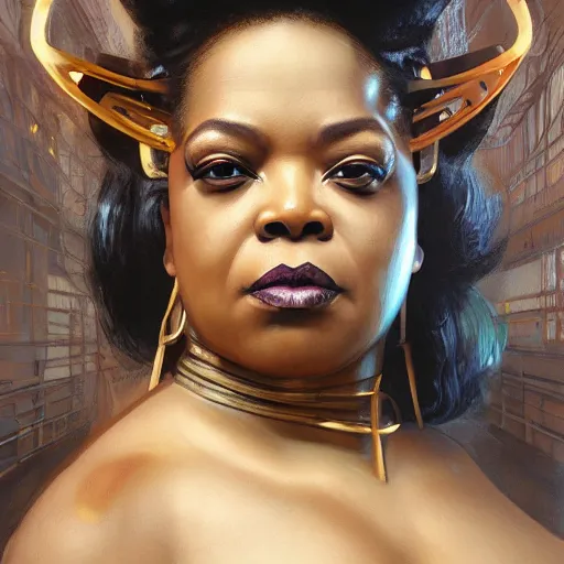 Image similar to cyberpunk fat oprah winfrey head domme mistress, full body, dominatrix, tribal, smooth white tight clothes suit, ornate, very beautiful, concept art, realistic painting, androgynous, afrofuturism, daz 3 d, cinematic, cgsociety, digital art by greg rutkowski, by alphonse mucha,