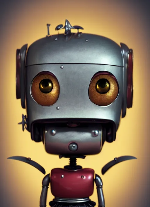 Image similar to highly detailed closeup portrait of a cute tin toy retro robot, nicoletta ceccoli, mark ryden, lostfish, earl nore, hyung tae, frank frazetta, global illumination, god rays, detailed and intricate environment