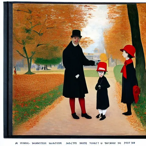 Image similar to a thin man in a black coat and bowler hat talks with small young girl who is dressed in a red coat and a red hat, park, autumn, 1923, wide angle, high detail, in style of edouard manet, 8k, width 768