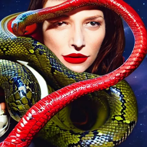 Prompt: realistic photograph of a snake crawling out of a woman's mouth (red lipstick) in a space suit amongst a vast field of start