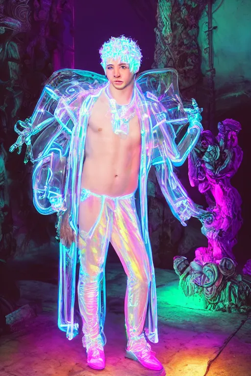 Image similar to photo of full-body rococo and cyberpunk delicate neon crystalline sculpture of ((muscular pale blue albino prince Nick Jonas)) as an iridescent humanoid deity wearing a thin see-through ((plastic hooded cloak)) (holding a human skull) in a neon castle dungeon, reclining con (((las piernas abiertas))), glowing pink face, crown of (white lasers), large diamonds, swirling black silk fabric. futuristic elements. oozing glowing liquid, full-length view. space robots. intricate artwork by caravaggio. Trending on artstation, octane render, cinematic lighting from the right, hyper realism, octane render, 8k, depth of field, 3D