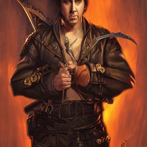 Prompt: portrait of a young Nicolas Cage thief with daggers, D&D, fantasy, intricate, cinematic lighting, highly detailed, digital painting, artstation, concept art, smooth, sharp focus, illustration, art by Hajime Sorayama