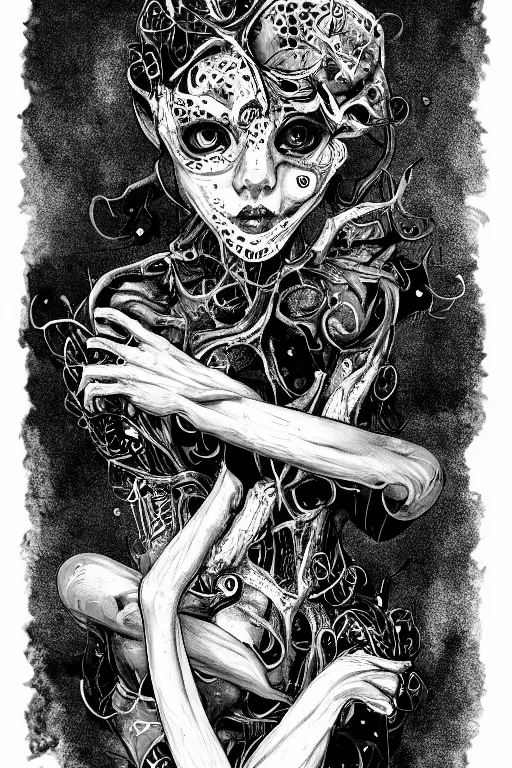 Image similar to black and white illustration, creative design, body horror, monster