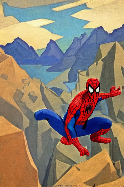 Image similar to spiderman stay on mountain, marvel, artwork by nicholas roerich,