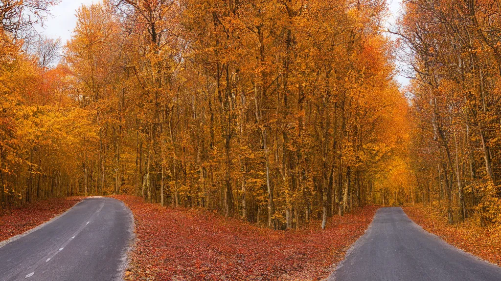 Image similar to a photograph of a country road lined on both sides by maple and poplar trees, in the autumn, red orange and yellow leaves, some leaves have fallen and are under the trees and on the road