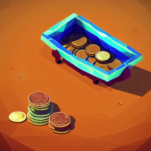 Image similar to boat in the dessert filled with coin and jewl collectables, game concept, low poly, horizontal view