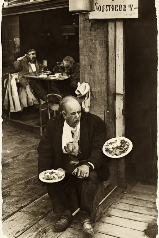 Prompt: the gortons fisherman at red lobster eating a lobster, in the style of eugene atget and peter witkin