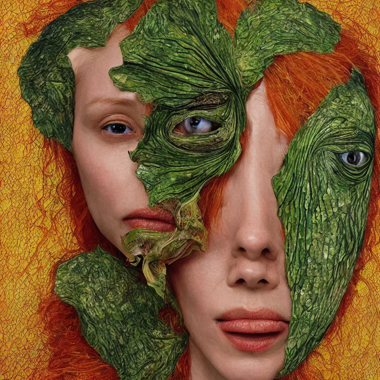 Image similar to a grinning girl with fish skin, plant patterns, her face looks like an orchid, she is the center of the garden, jan van eyck, ernst fuchs, egon schiele, trending on artstation, 8 k, award winning, facial symmetry, iris van herpen