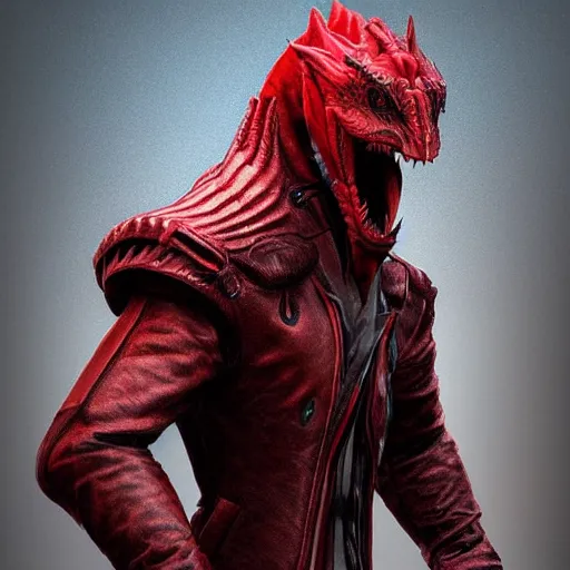 Image similar to a humanoid dragon in a leather coat, red T-shirt, and jeans Trending on artstation DeviantArt Pinterest Photorealistic HD 8k highlights and shadow detailed High Resolution