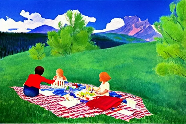 Image similar to ( ( ( ( ( ( ( a beautiful picnic scene in the rocky mountains ) ) ) ) ) ) ) by eric carle!!!!!!!!!!!!!!! detailed,