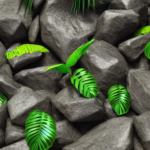 Image similar to tropical leaves, flora and fauna and flowery rocks closeup by rippling blue water, path traced, environment, highly detailed, concept art, realistic, octane render, up close shot