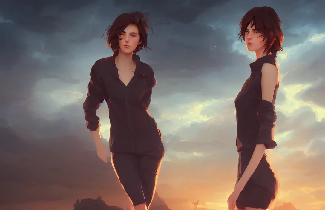 Prompt: a beautiful british woman with short brown hair, serious, somber amber eyes, standing on a bridge, storm in the distance, basic clothing, digital art by makoto shinkai ilya kuvshinov and wojtek fus, digital art, concept art,