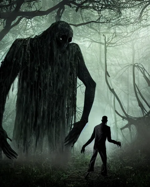 Prompt: a shady, undead man is walking towards a horrific monster in a densely overgrown, eerie jungle, fantasy, stopped in time, dreamlike light incidence, ultra realistic, award winning picture