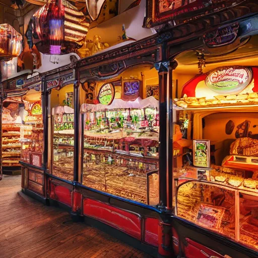 Image similar to Inside an old fashioned sweet shop, fantasy vendor interior, wide angle, cinematic shot, highly detailed, cinematic lighting , photorealistic, 8K