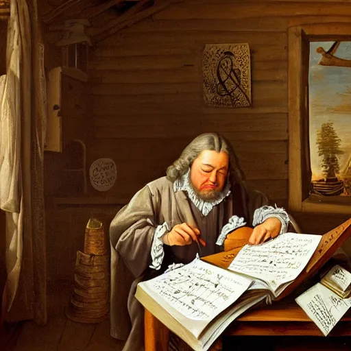 Image similar to highly detailed painting of bach writing a piece of music on a sheet of paper, he is inside of a wooden shack, 4 k resolution, by jaquis luis david, visible paint layers, renaissance.