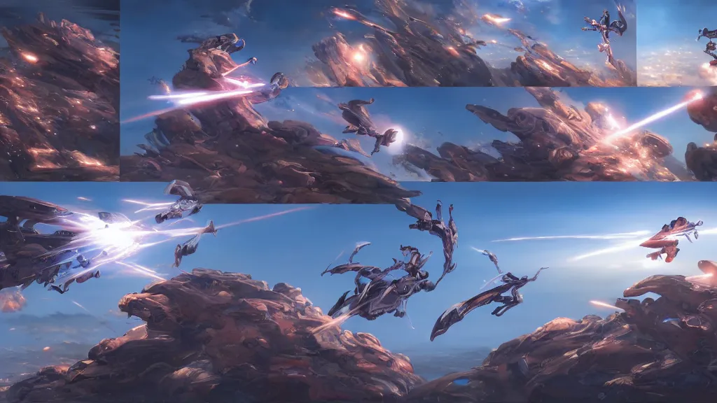 Image similar to highly detailed comic spread depicting an impactful action scene on the sky with expert design fictional characters, high details, dynamic art by murata, moebius, makoto shinkai, craig mullins, digital painting, masterpiece, best selling, pixiv, volumetric lighting, realistic shaded lighting, 8 k, highly detailed render,