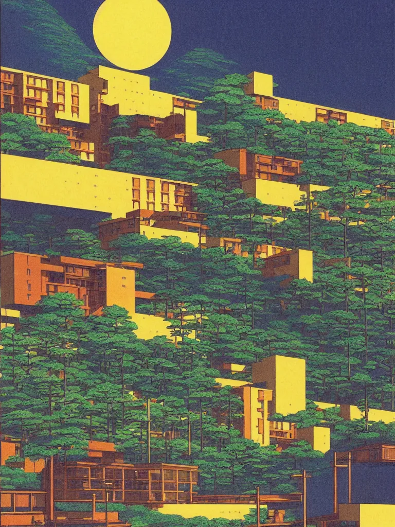 Image similar to a psychedelic hallucination of a brutalist hotel in the mountains, by kawase hasui, moebius, edward hopper, colorful flat surreal design, dramatic lighting, hd, 8 k, artstation