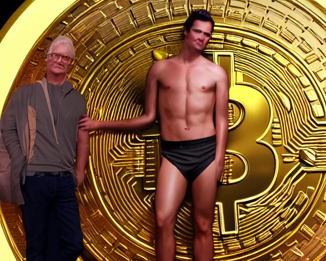 Prompt: attractive oiled up glossy man posing in front of a huge golden bitcoin, angelic light, commercial by annie liebovitz, gaston bussiere, craig mullins, j. c. leyendecker, photorealistic, trending artstation, 8 k, smooth