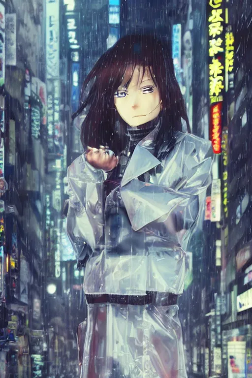 Prompt: Kodak Portra 400, 8K, highly detailed, wachowski seinen manga 3/4 closeup portrait, eye contact, focus on clear transparent raincoat replicant girl model, tilt shift zaha hadid style anime background: famous blade runner anime remake, tokyo izakaya scene