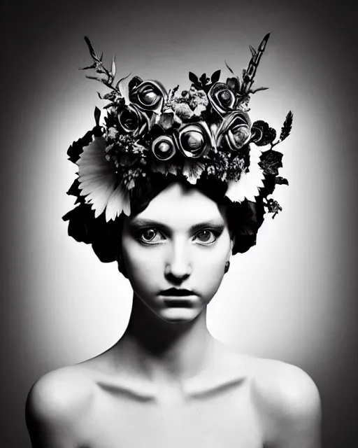 Image similar to a black and white high quality dreamy photo of a young beautiful female queen-pale dragon-vegetal-flower-cyborg bust with a very long neck and a steampunk flower crown, elegant, highly detailed, poetic, soft, dreamy, mysterious, high fashion, in the style of Horst P. Horst, Realistic, Refined, Digital Art, Highly Detailed, Cinematic Lighting, rim light, black and white, photo-realistic, 8K