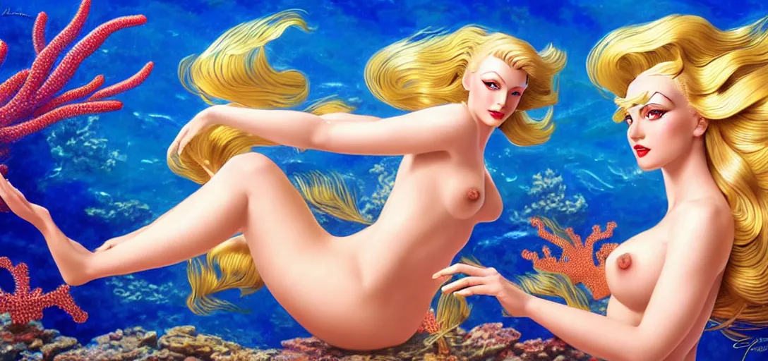 Prompt: photo of a gorgeous blonde female mermaid wearing metal armor in the style of alberto vargas and stefan kostic, realistic, half body shot, sharp focus, 8 k high definition, insanely detailed, intricate, elegant, art by stanley lau and artgerm, extreme blur coral reef background