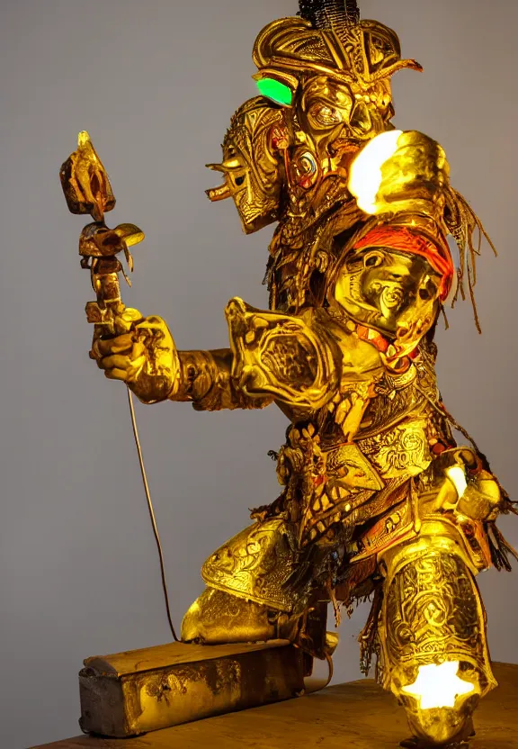 Image similar to Studio Photo of a Golden Aztec Warrior, Tribal Magic, Glowing Neon