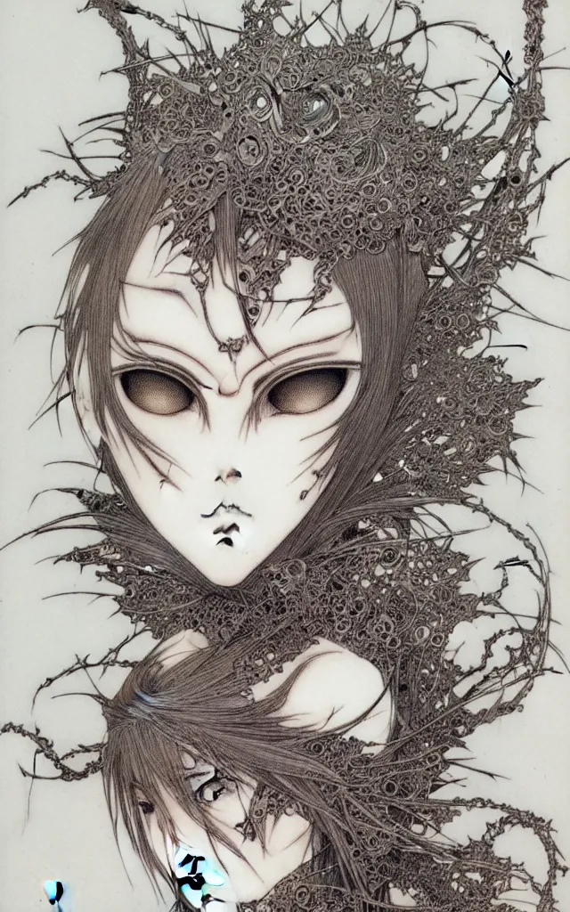 Prompt: prompt: Fragile looking face drawn by Yoshitaka Amano and Takato Yamamoto, ceramic looking face, cyber parts inspired by Evangeleon, clean ink detailed line drawing, intricate detail drawing, manga 1990, portrait