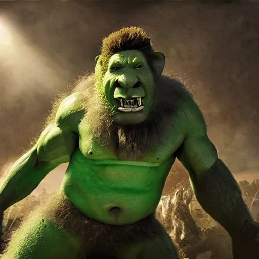 Prompt: still from a movie with cutting edge practical effects, giant humanoid troll with light green skin and big nose, muscular, wearing long fur toga and holding sword in the foreground, mastadons in the background, highly textured, fantasy, D&D, HDR, dramatic light, shallow depth of field