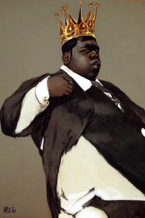 Prompt: portrait of biggie smalls with kings crown and royal outfit, modern, european, eclectic, illustration, by ramon casas