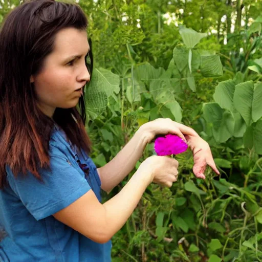 Image similar to the most disgusting monster in the world, holding and smelling a flower