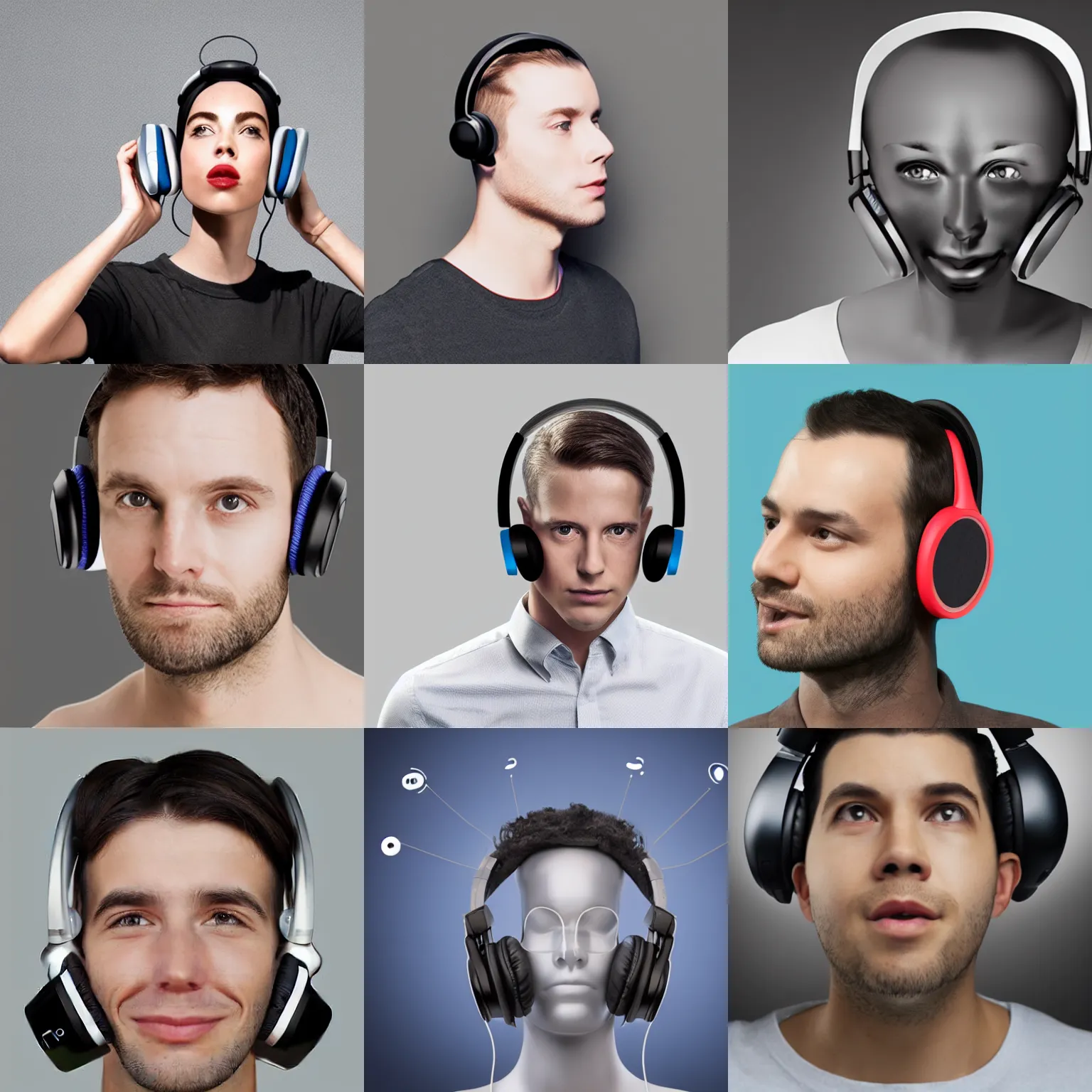 Prompt: promotional product concept photo of the tripodhones, a person with 3 ears wearing a 3 - eared headphone concept, headphones designed for people with 3 ears