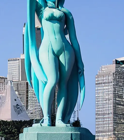 Prompt: photograph of Hatsune Miku as the Liberty Statue